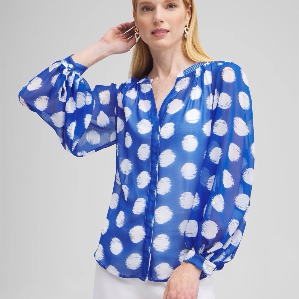 Chico’s Ikat Dot Blouse Size 8 Long Sleeve Semi Sheer Office Career Quiet Luxury - Picture 2 of 15
